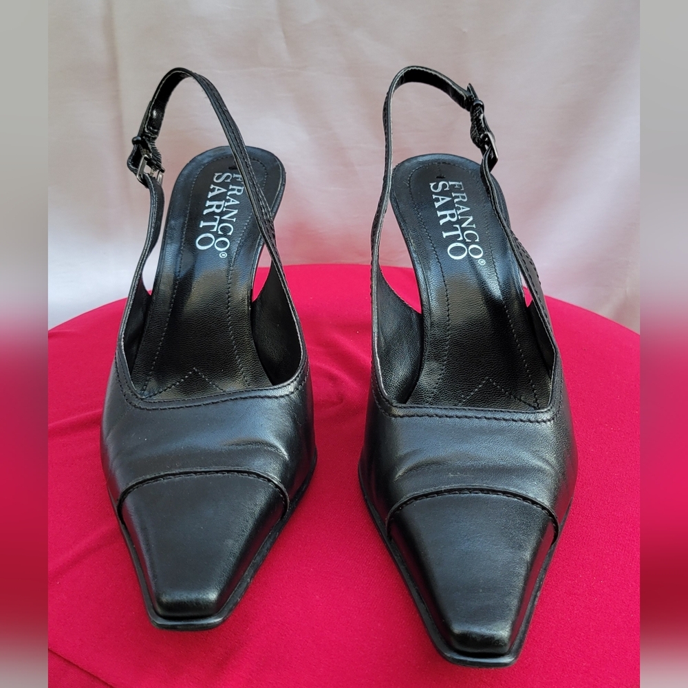 Franco Sarto Slingback Heels Women's Size 8M Black Leather Square Toe Made in Br
